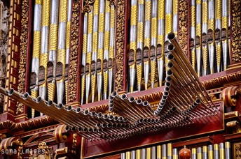 Faces on pipe organ, Mezquita de Córdoba, Cordoba, Spain